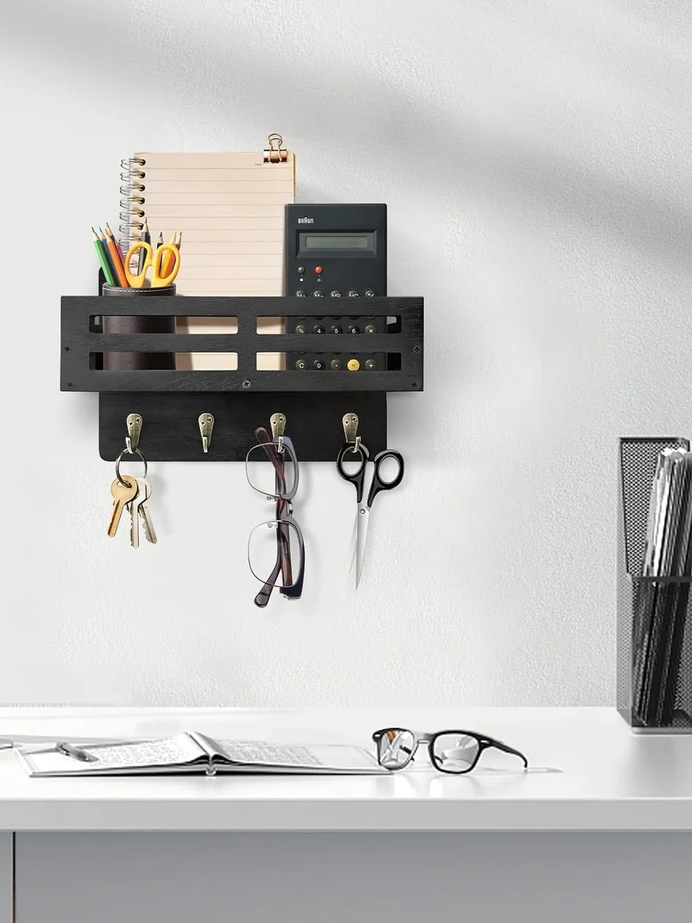 Wall-Mounted Mail & Key Organizer Rack in Black